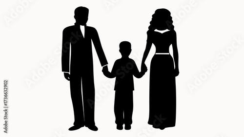 Silhouette of a family consisting of a man woman and child holding hands in a black and white illustration