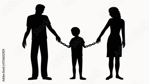 Silhouette of a family with a father, mother, and child connected by a chain, depicting dependency