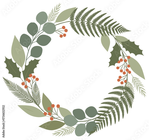 Winter Botanical Wreath Illustration with Eucalyptus and Holly Berries