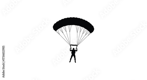 Silhouette of skydiver descending with open parachute against bright sky