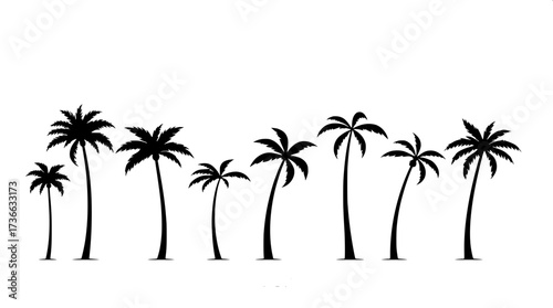 Modern minimalist poster with eight palm tree line drawings in horizontal layout. Black outlines, some solid fills, neutral cream background, clean flat design emphasizing geometry and simplicity.”