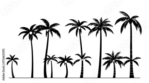 Modern minimalist poster with eight palm tree line drawings in horizontal layout. Black outlines, some solid fills, neutral cream background, clean flat design emphasizing geometry and simplicity.”