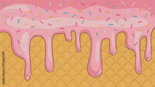 A digital illustration of pink melting ice cream dripping down a golden waffle cone background. 
