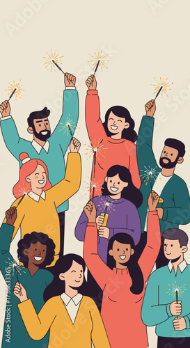 Diverse Group of Young Caucasian, Latin, and Black Adults Celebrating with Sparklers