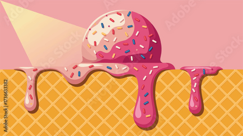 A digital illustration of pink melting ice cream dripping down a golden waffle cone background.  