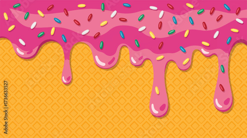 A digital illustration of pink melting ice cream dripping down a golden waffle cone background. 