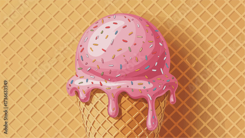 A digital illustration of pink melting ice cream dripping down a golden waffle cone background. 