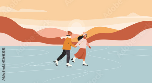 Couple of Diverse People Ice Skating on a Frozen Lake at Sunset