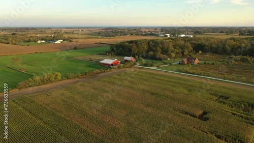 Establishing shot of Midwestern United States.  Aerial view of farmland in fall season.  Countryside, rural landscape