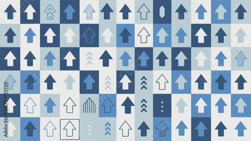 A geometric pattern design featuring multiple arrows in various shades of blue against a white background.  