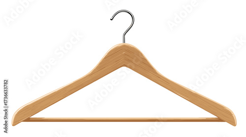 A wooden clothes hanger with a black metal hook floats against a solid black background, emphasizing its minimalist design and neutral color palette.