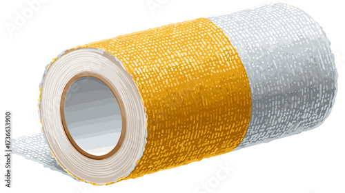 A roll of wound dressing, showing both a golden colored middle section and silver colored outer portion, partially unrolled on a black background.