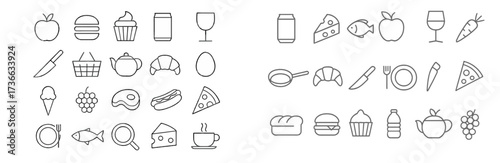 Line art icons featuring various food items and kitchen utensils suitable for culinary designs and menus