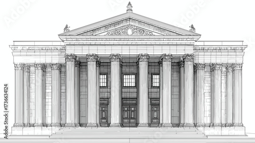 Architectural drawing of a grand, symmetrical building with classical columns and a triangular pediment, showcasing detailed line work.