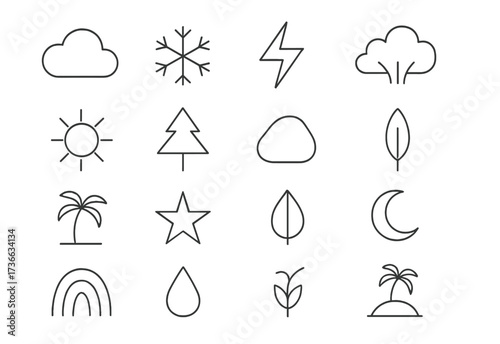 Weather symbols and nature icons showcasing diverse natural elements and seasonal conditions in a simple design format