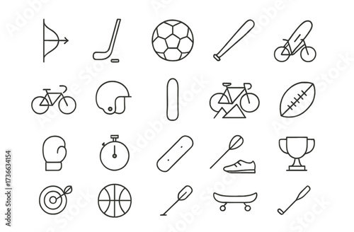 Collection of simple line icons representing various sports equipment and activities in a clean design
