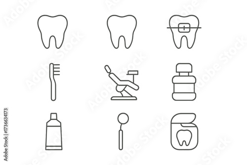 Dental care tools and symbols arranged in a grid showcasing essential items for oral hygiene and treatment