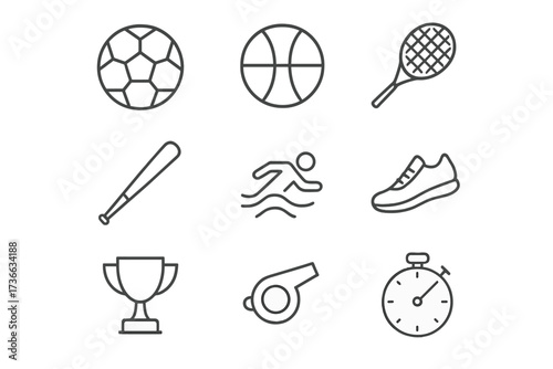 Sporting equipment icons representing various activities, including soccer, basketball, tennis, and swimming gear