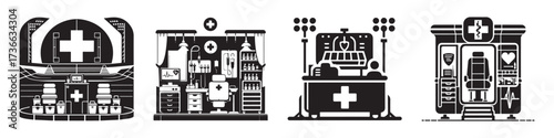 Modern Minimalist Stadium Medical Room Icon, Flat Silhouette of a First Aid Facility Vector for Sports Illustration Design