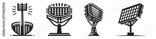 Modern Minimalist Stadium Light Tower Icon, Flat Silhouette of a Sports Arena Floodlight Vector for Night Game Illustration Design