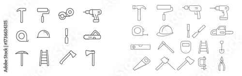 Collection of construction tools including hammers, drills, and saws organized neatly on a white background