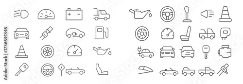 Various car and vehicle icons representing different automotive functions and features displayed on a white background