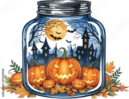 Spooky halloween scene inside a jar with pumpkins haunted house and full moon