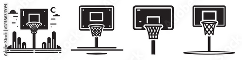 Modern Minimalist School Basketball Hoop Icon, Flat Silhouette of a Sports Equipment Vector for Athletic Illustration Design