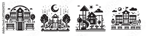 Modern Minimalist School Garden Icon, Flat Silhouette of an Outdoor Nature Space Vector for Educational Illustration Design