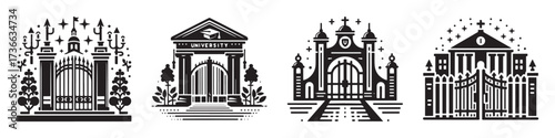 Modern Minimalist University Gate Icon, Flat Silhouette of an Academic Entrance Vector for Campus Illustration Design