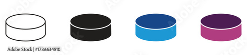 Hockey puck icon set. Ice hockey game attribute. Sports equipment, vector illustration .