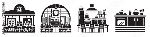 Modern Minimalist School Cafeteria Icon, Flat Silhouette of a Dining Hall Vector for Food and Education Illustration Design