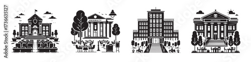 Modern Minimalist University Building Courtyard Icon, Flat Silhouette of an Academic Campus Vector for Architecture Illustration Design
