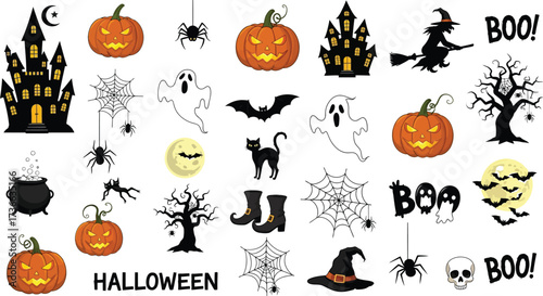 Spooky halloween elements including pumpkins ghosts and haunted houses on white
