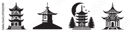 Modern Minimalist Japanese Castle Icon, Flat Silhouette of a Traditional Building Vector for Architecture Illustration Design