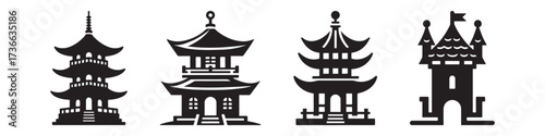 Modern Minimalist Japanese Castle Icon, Flat Silhouette of a Traditional Building Vector for Architecture Illustration Design