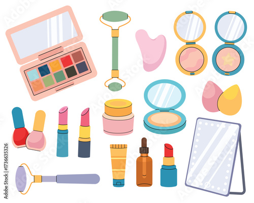 A collection of cosmetics, including various cosmetic products such as lipsticks, eye shadow palettes, powder and blush, facial skin care massagers, and a table mirror. Isolated white background