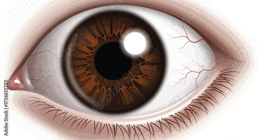 Detailed close up of a brown human eye with visible blood vessels and eyelashes