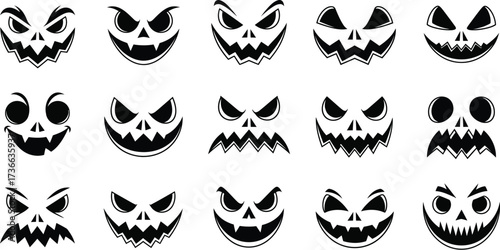 Spooky halloween pumpkin face vector set with scary expressions for holiday designs