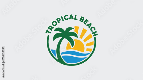 A minimalist logo design featuring a tropical beach scene enclosed in a green circular border. 
