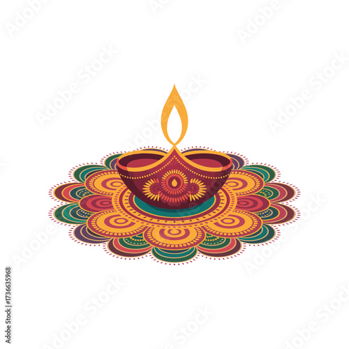 Vibrant diwali rangoli and lit diya offering traditional indian festival of lights celebration