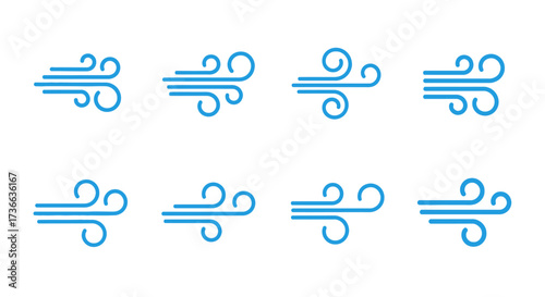 Illustrations of wind or air flow patterns depicting gentle breezes and strong gusts in a stylized blue graphic design suitable for weather icons or climate representations