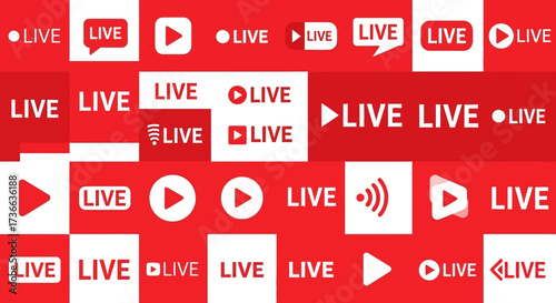A Vibrant Collage of Live Streaming Icons and Play Buttons Displayed on a Red and White Background
