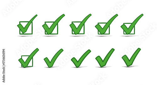 A Collection of Green Checkmarks in Squares and Without Showing Various Ways to Indicate Completion or Agreement