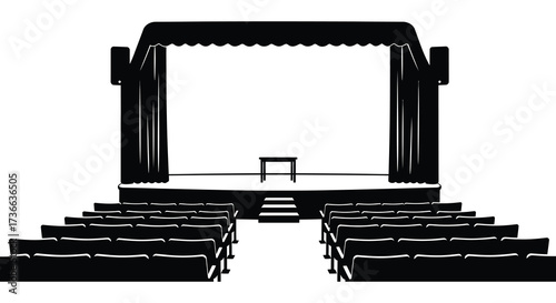 Empty theater stage auditorium with seating rows ready for performance or presentation