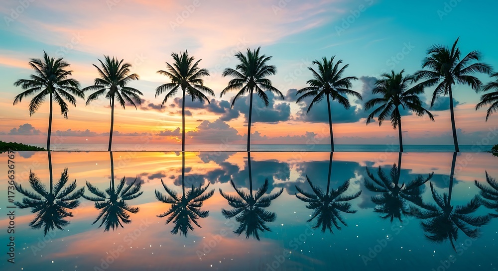 Obraz premium Tropical paradise infinity pool reflecting palm trees at sunset with vibrant sky