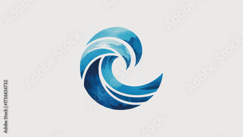 A minimalist logo design of a stylized wave in shades of blue. 