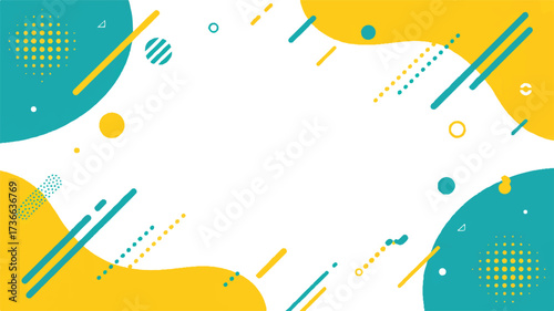 A modern abstract background design with a white central area surrounded by turquoise and yellow curved shapes. 