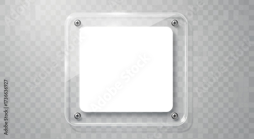 A Transparent Glass Plaque with Rounded Corners Held by Metal Screws on a Subtle Gray and White Grid Background