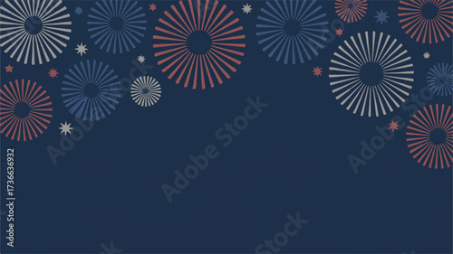 A patriotic themed background design featuring fireworks and stars against a deep navy blue backdrop